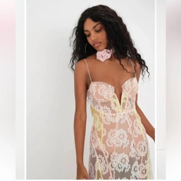 NWT | For Love & Lemons Blossom Ivory Yellow Peach Lace Corset Maxi Dress Medium - Picture 8 of 9